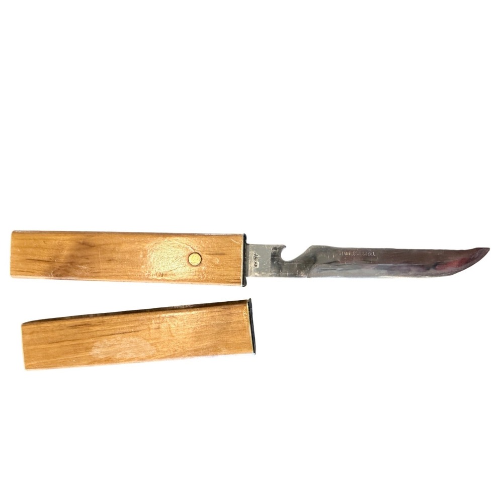 Vintage Taico Floating Fish Knife Wood Handle Sheath Stainless Japan Serrated